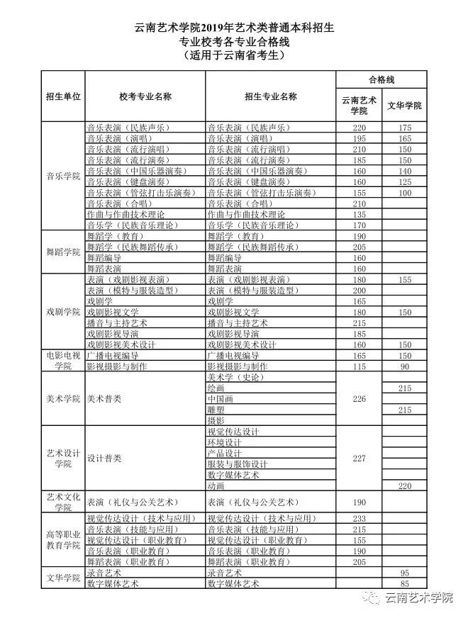 云南艺术学院2019校考合格线